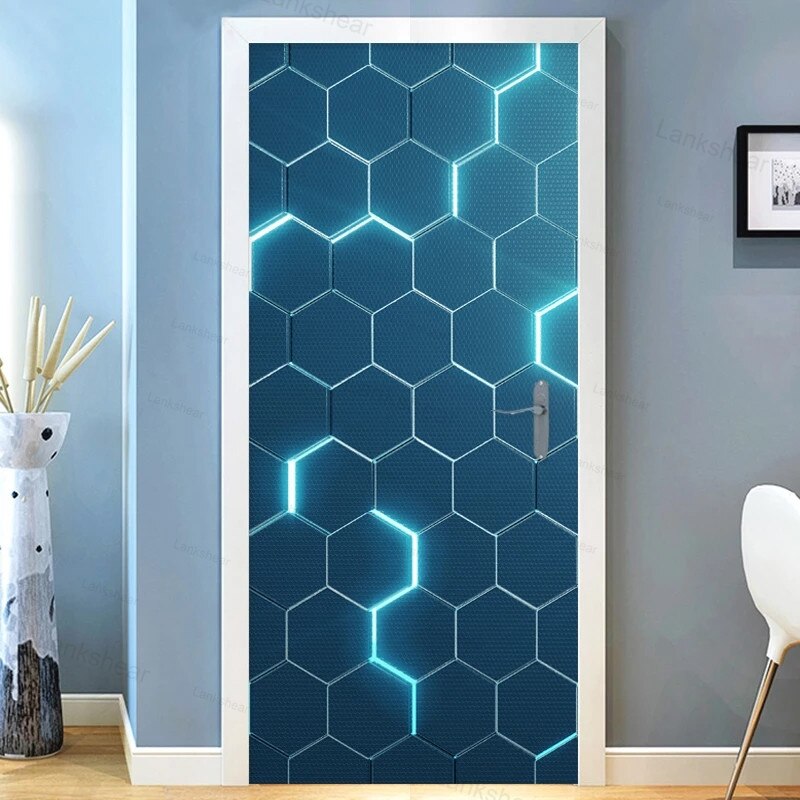 Modern Door Sticker 3D Stereo Abstract Geometric Blue Circuit Door Mural Pvc Self-Adhesive Waterproof Door Poster Decal