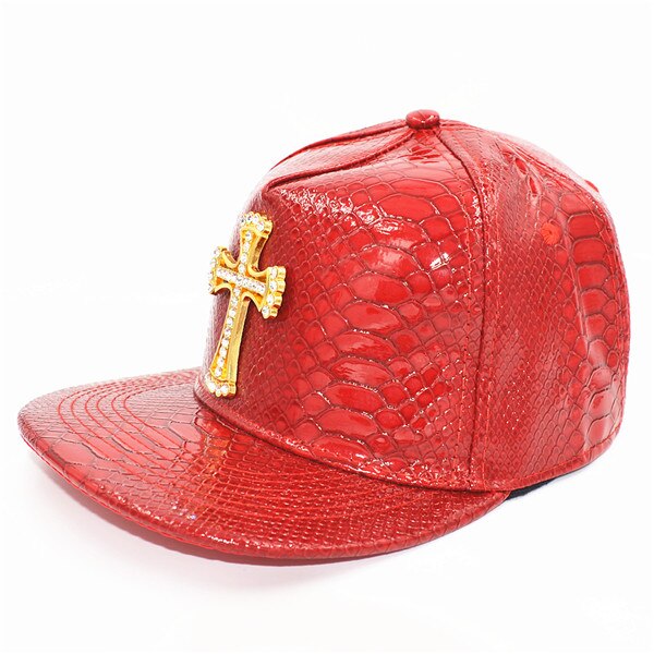 Bling krystal guld kors vedhæng kasketter hip hop dans hatte pu læder hat justerbar mænd kvinder: Rød