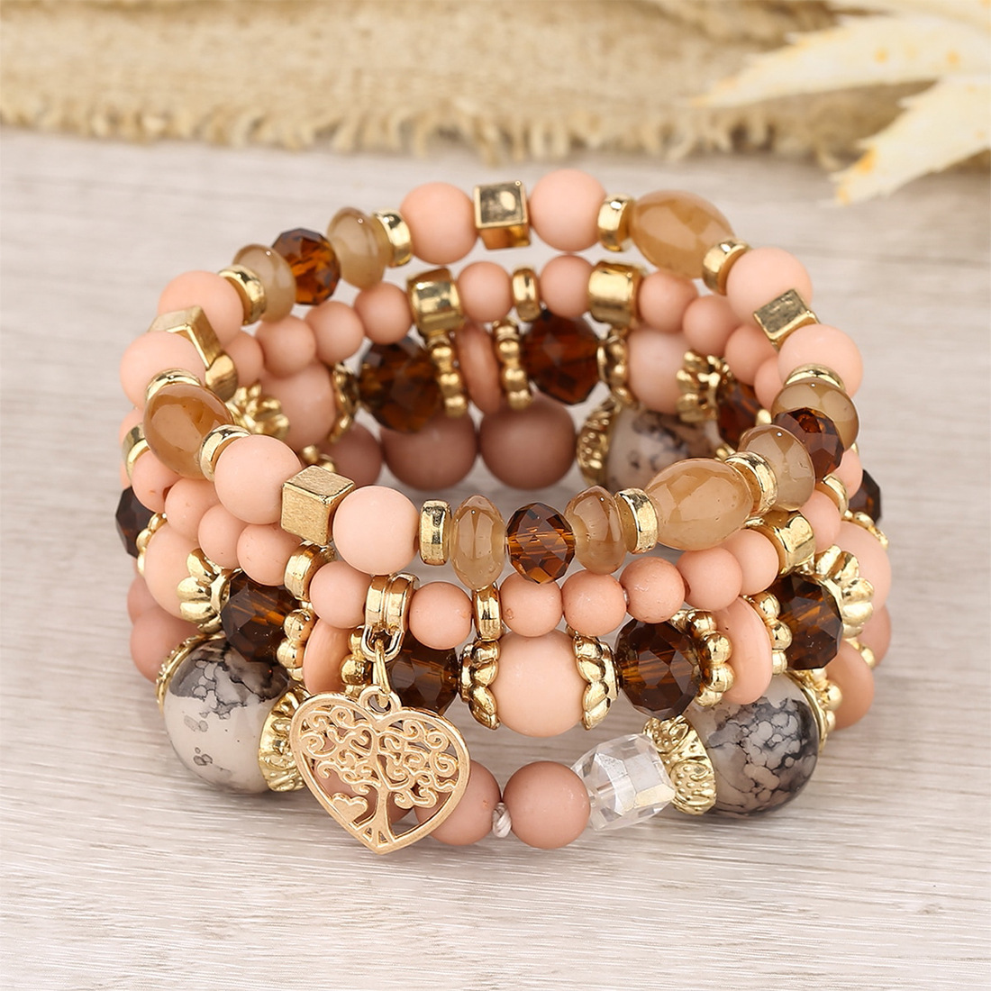 Conjunto de pulsera de corazón de árbol de la vida para mujer, cadena de cuentas de cristal acrílico, brazalete elástico, joyería de de femenina, 4 Uds.: Rodio plateado