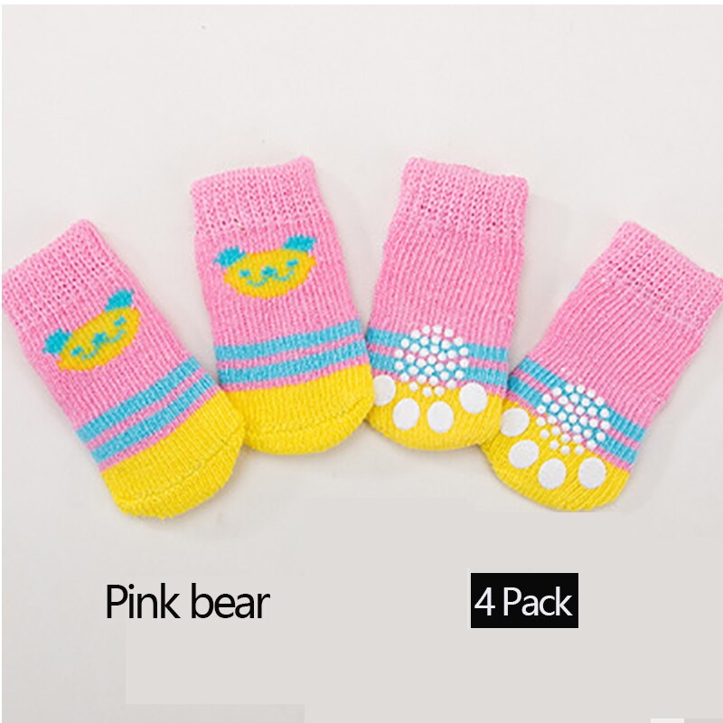 4 Pak Huisdier Sokken Antislip Bodem Puppy Hond Sokken Hond Voet Cover Teddy Poedel Katoenen Sokken voor Honden Sokken Bulldog: Pink bear / S