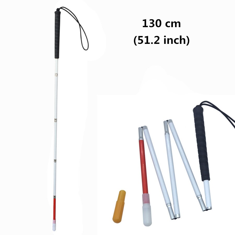105-155cm synskadade vita käpp, fällblind käpp i aluminium, blind käpp, reflekterande röd och vit, svart handtag: 130cm (51.2 tum)