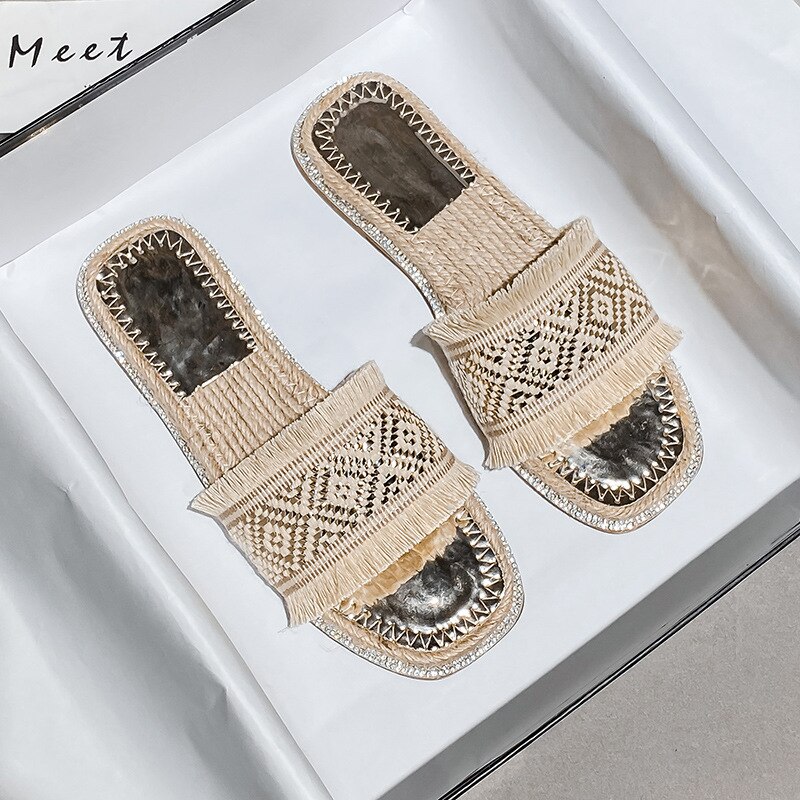 Straw woven slippers outer wear flat bottom sandals