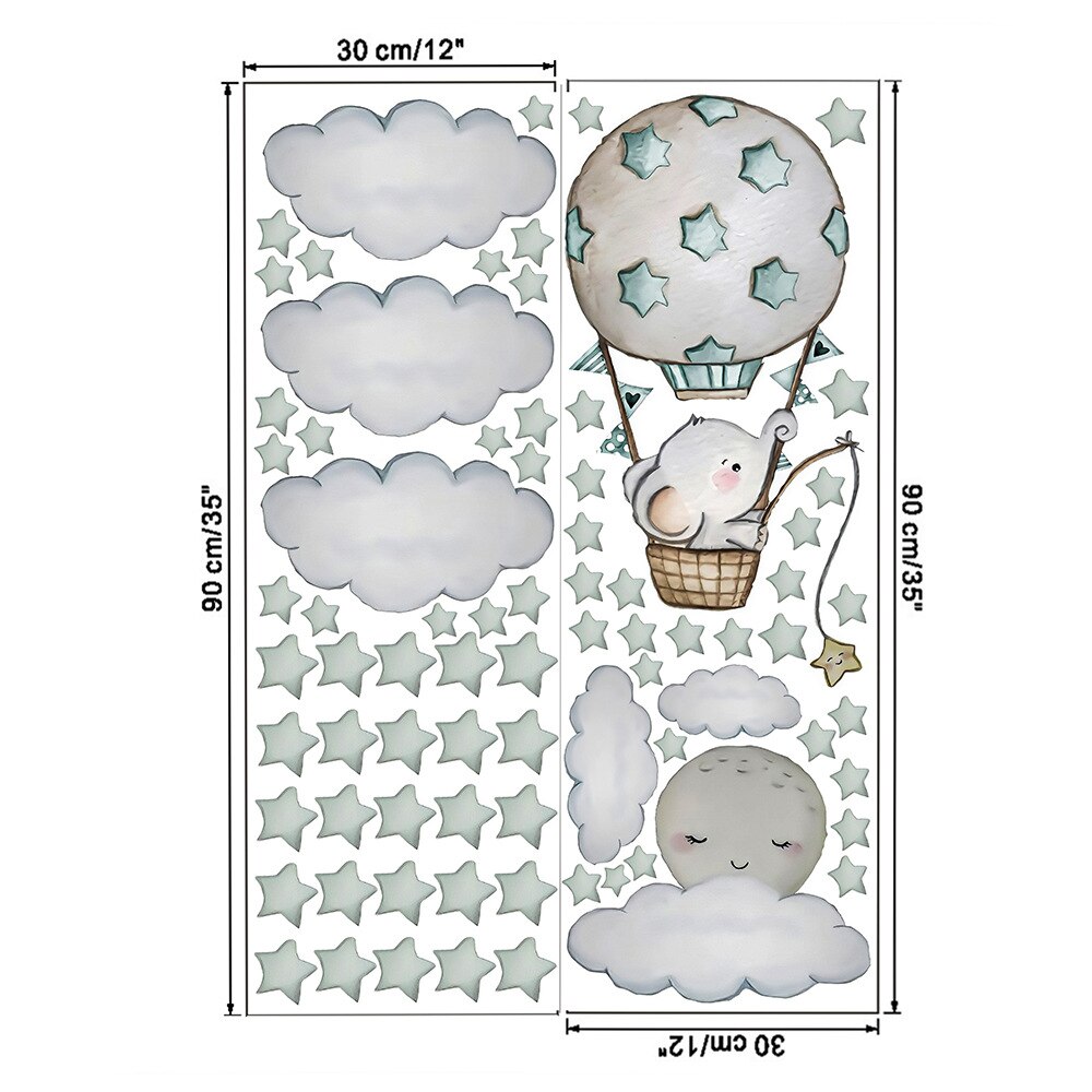 Luftballon vægklistermærker sky måne stjerner pvc tegneserie baby elefant vægklistermærker til børneværelse baby vuggestue værelse dekoration