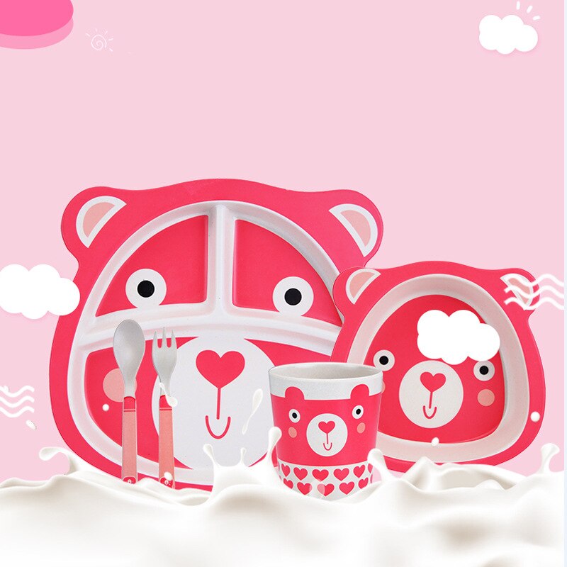 5 pièces/ensemble bébé dessin animé assiette vaisselle Anti-chute ensemble de vaisselle 4 fentes enfants vaisselle fourchette cuillère bambou assiette ensemble couverts