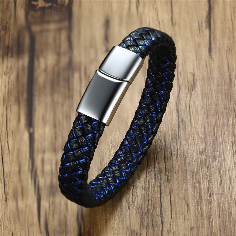 ZORCVENS 12mm Braided Leather Men's Bracelet Magnet Clasp Casual Male Woven Wrap Retro Bangle Stainless Steel Gents Wristband: 83714 / 21cm