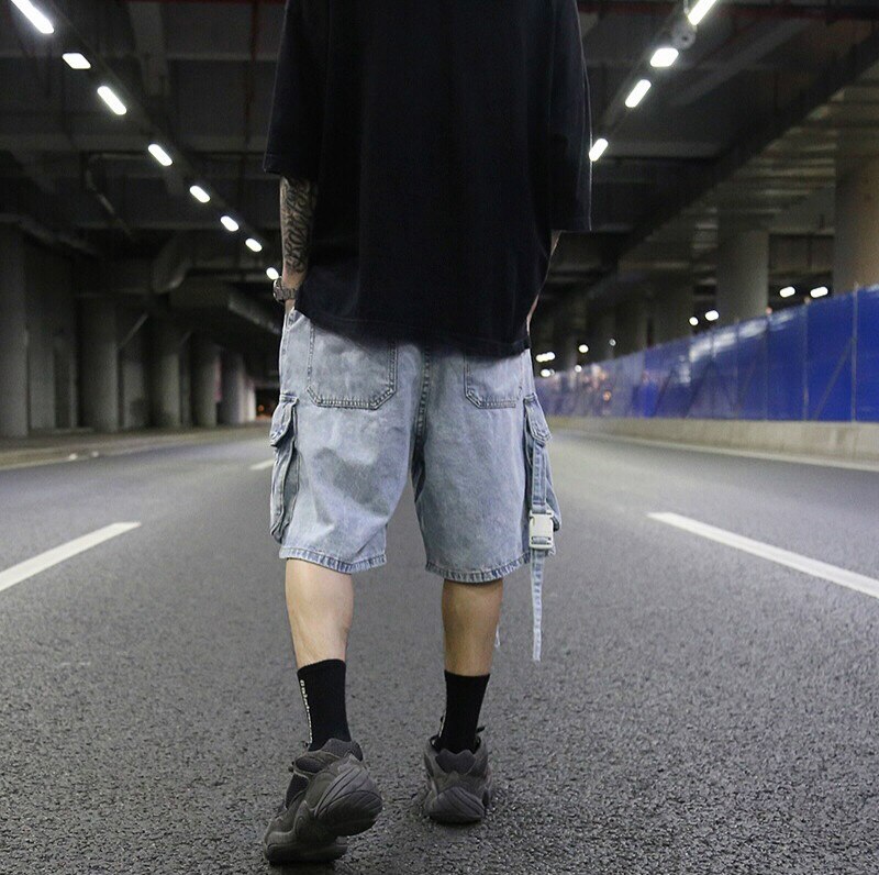 Men's Shorts Casual Denim Shorts Side Big Pockets Outdoor Hip Hop Zipper Loose Washed Short Pants Streetwear Shorts