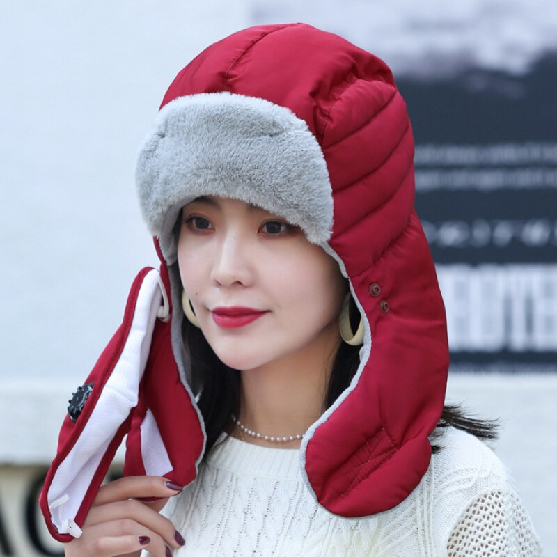 Bomber Hat Men Women Winter Hat with Mask Thick Warm Russian Hat Windproof Earflap Trapper Cap Unisex Snow Ski Fur Hat