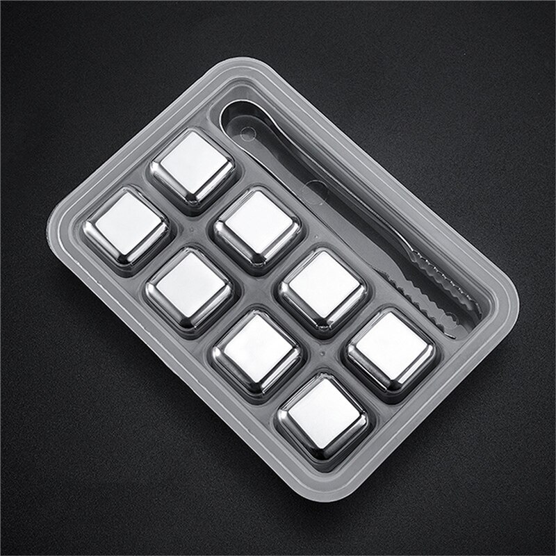 Whisky Stenen Ijsblokjes Set Herbruikbare Food Grade Rvs Wijn Cooling Cube Koelen Rots Party Bar Tool: 8 PCS with Ice Clip