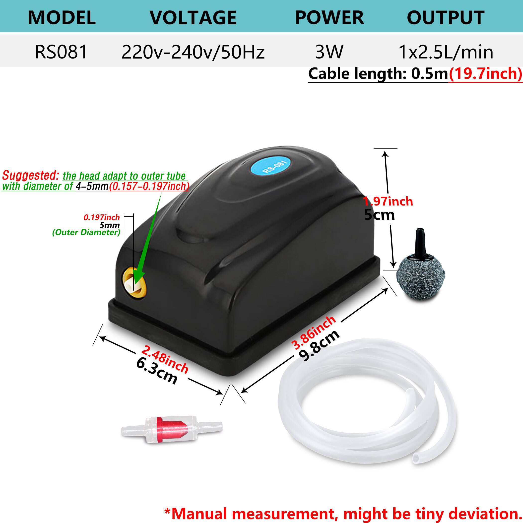 220V Small Quiet Aquarium Air Pumps Kit Fish Tank Oxygen Bubbler with Air Stones Tube Check Valves Airflow - RS1: 3W RS081 Kit / EU Plug