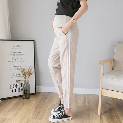 3126 # Lente Zomer Mode Moederschap Jogger Broek Elastische Taille Buik Broek Kleding Voor Zwangere Vrouwen Dunne Zwangerschap Broek: Beige / Xl