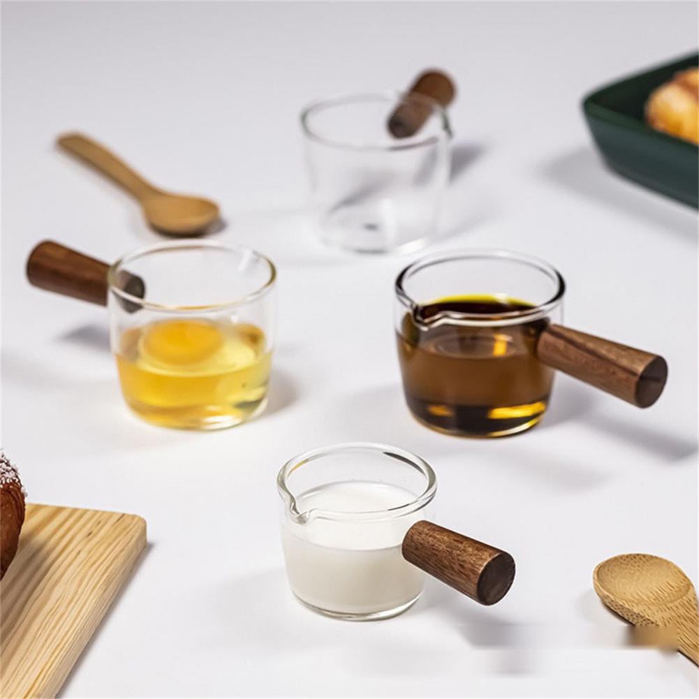 Creamer Jug Glass Milk Cup Heat Resistant Wood Handle Syrup Sauce Dispenser Espresso Multi-Functional Container Cup for Home