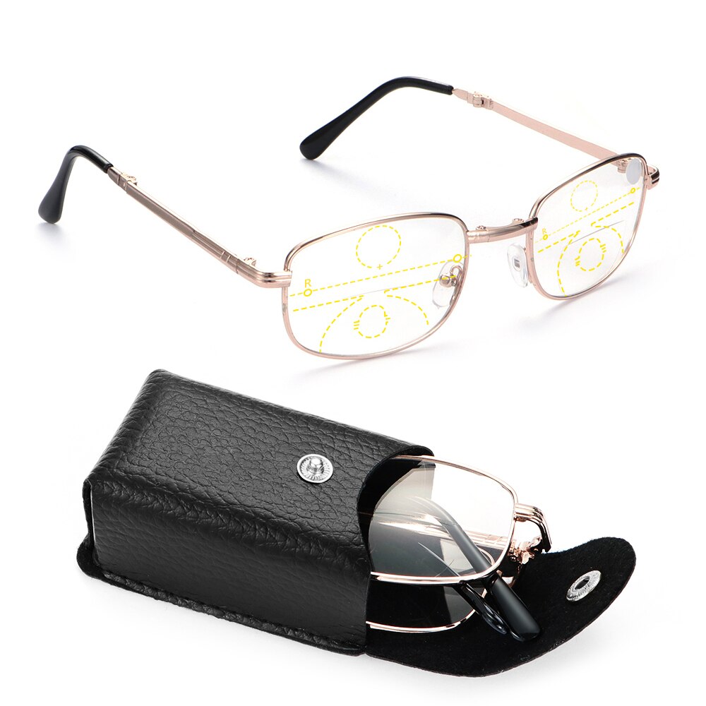 Hooh opvouwbare metalen leesbril unisex progressieve multifocale lenzen presbyopie bril inclusief brillenkoker  +1.00 ~ +4.00
