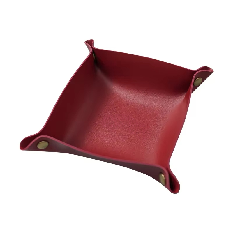 Caja de almacenamiento de cuero nórdico, bandeja de almacenamiento de escritorio, joyería, cesta de almacenamiento de llaves y cosméticos, estuche de almacenamiento plegable, organizador de mesa: Borgoña