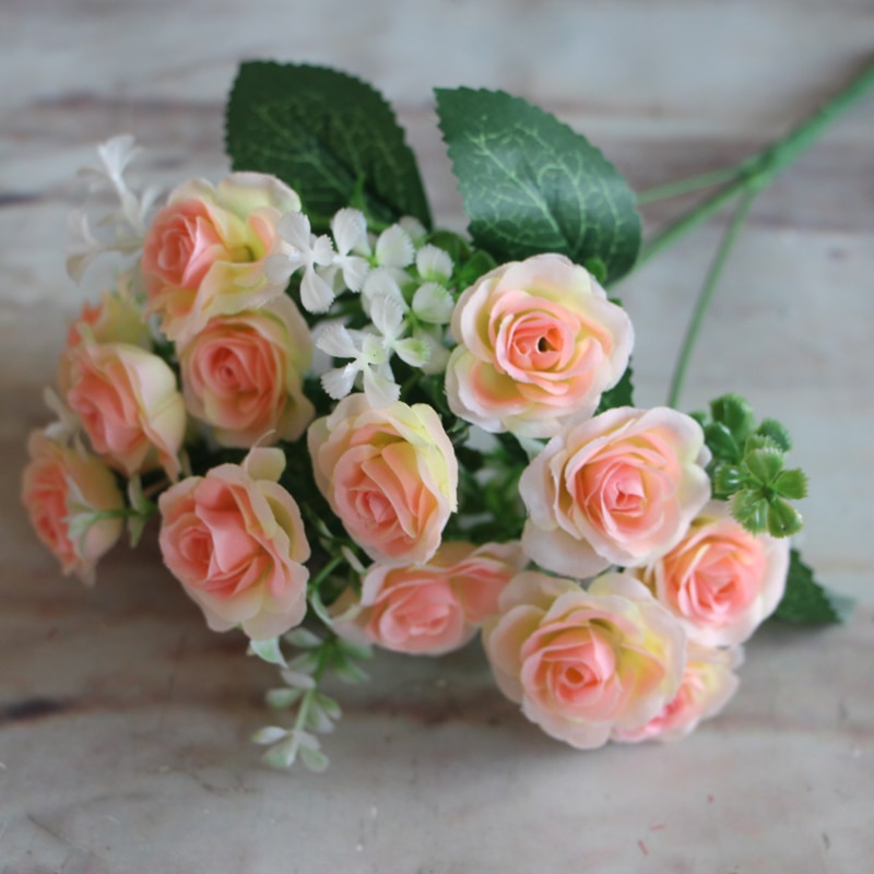 Pretty Charming Wedding Decoration 15 Buds 1 Bouquet Mini Rose Artificial Silk Flower Bride Bridal Home Decal