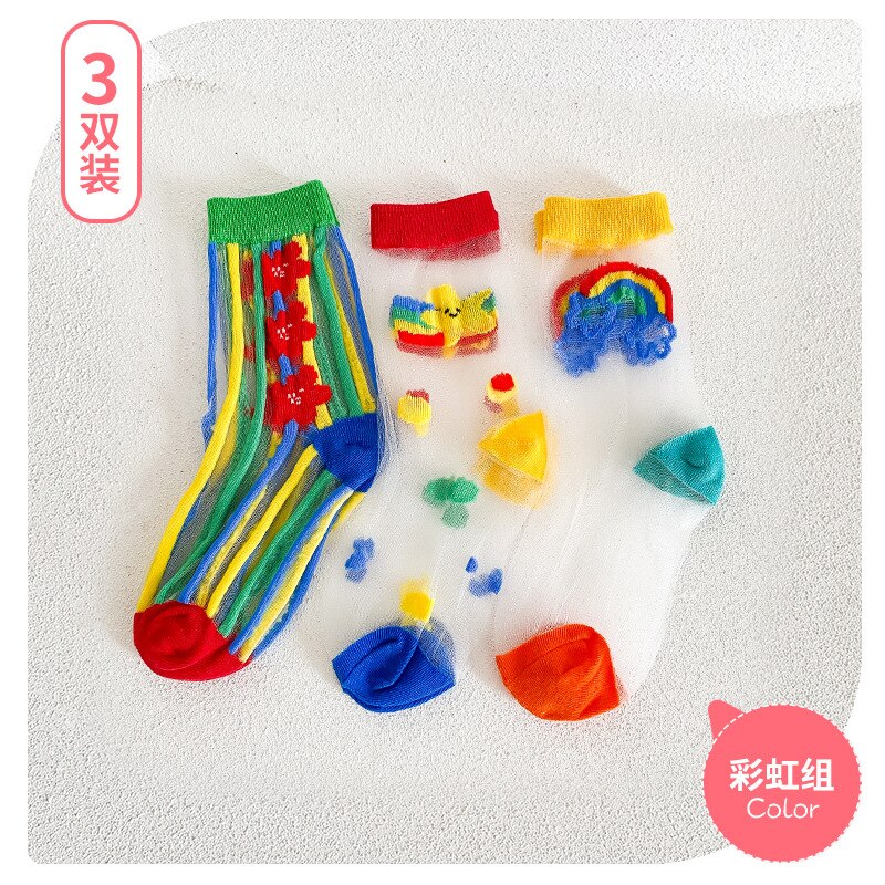 3 paia/lotto 2022 Ins calzini estivi per ragazze di nuova moda 1-8 anni calzini trasparenti per bambini calzini estivi per bambini morbidi: rainbow / L(5-8 years)