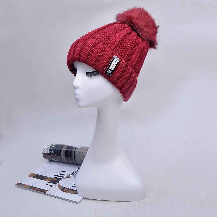 Winter gebreide mutsen dames dikke warme muts skullies muts dames gebreide letter muts mutsen outdoor muts en sjaal: Rode wijn 2