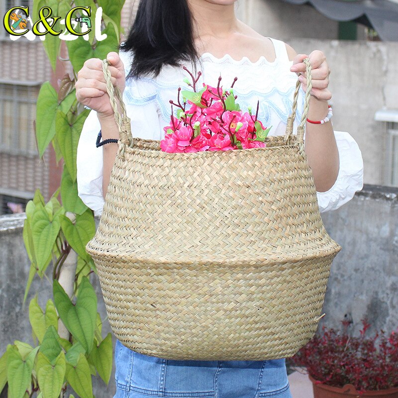 Folding Flower Pot Plant Straw Storage Seagrass Baskets Flower Vase Handmade Hanging Basket Flower Home Decor