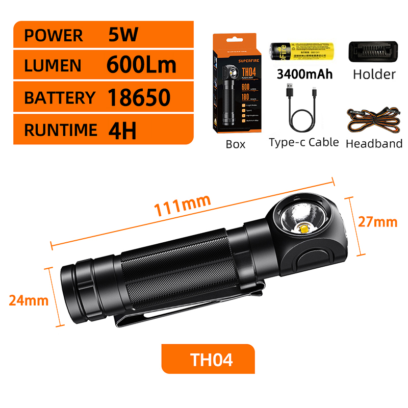 SUPERFIRE TH03 linterna frontal LED de alta potencia USB C recargable Mini 16340 EDC linterna de cabeza en ángulo con faro de trabajo de cola magnética: Rojo