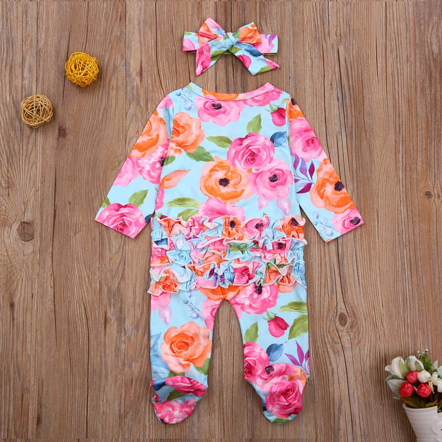 Newborn Infant Baby Boy Footies Sleeper Romper Floral Print One Piece Headband Toddler Baby Girls Winter Romper Jumpsuit Clothes