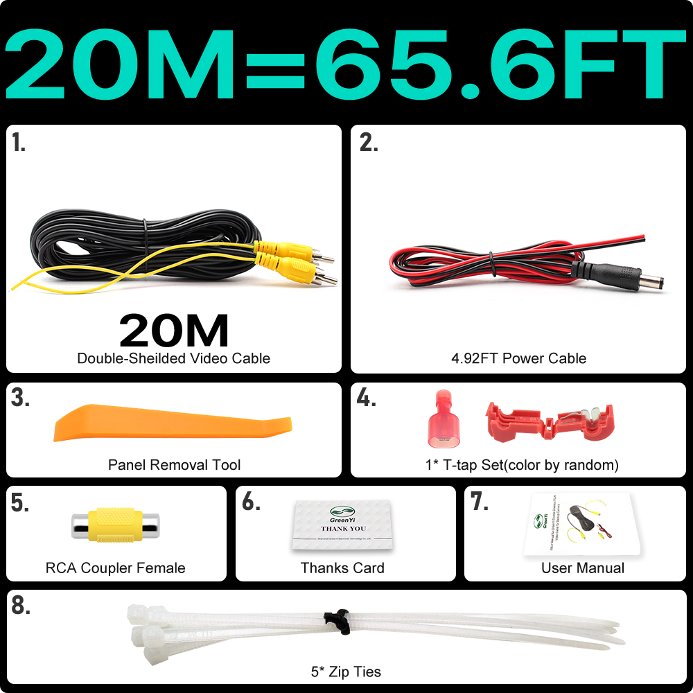 GreenYi Cable de vídeo RCA de doble blindaje para Monitor y conexión de cámara de visión trasera de respaldo 6m 8m 10m 15m 20m extensión AV: YELLOW