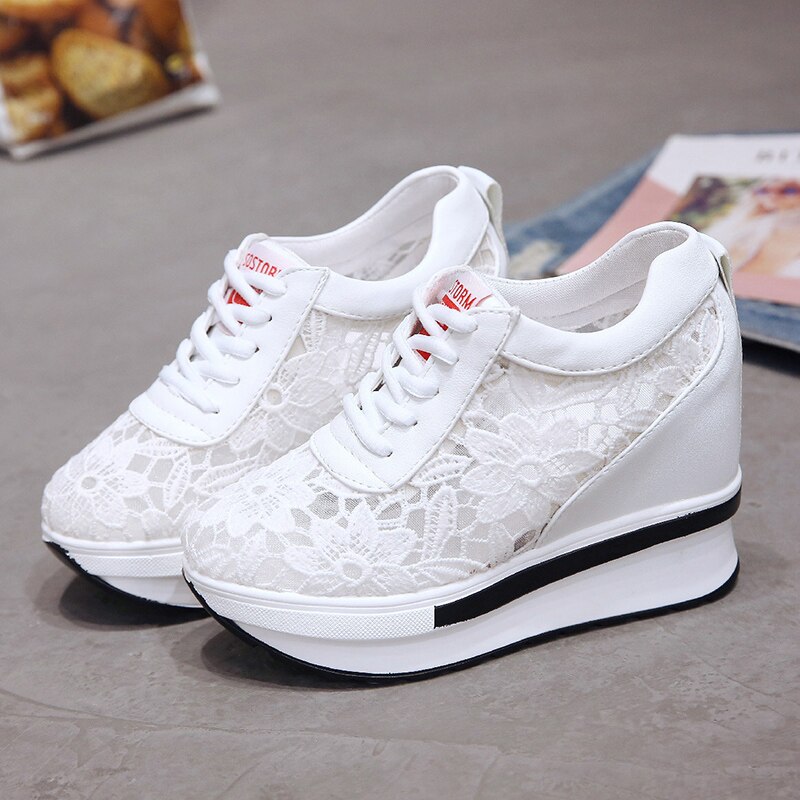 Rea sommar spets andas sneakers dam skor bekväma casual kvinna plattform wedge skor: Vit / 35