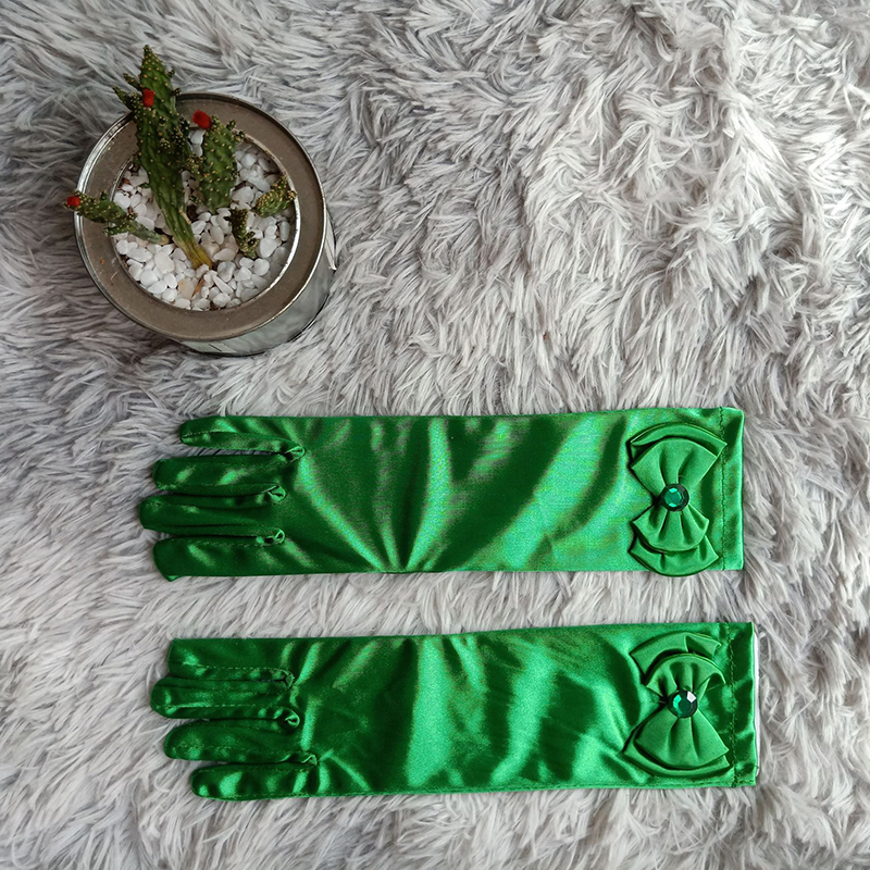 Guantes largos de baile de princesa para niños, vestido de novia de satén para niñas, accesorios de disfraz con lazo, de cumpleaños y Navidad: Verde