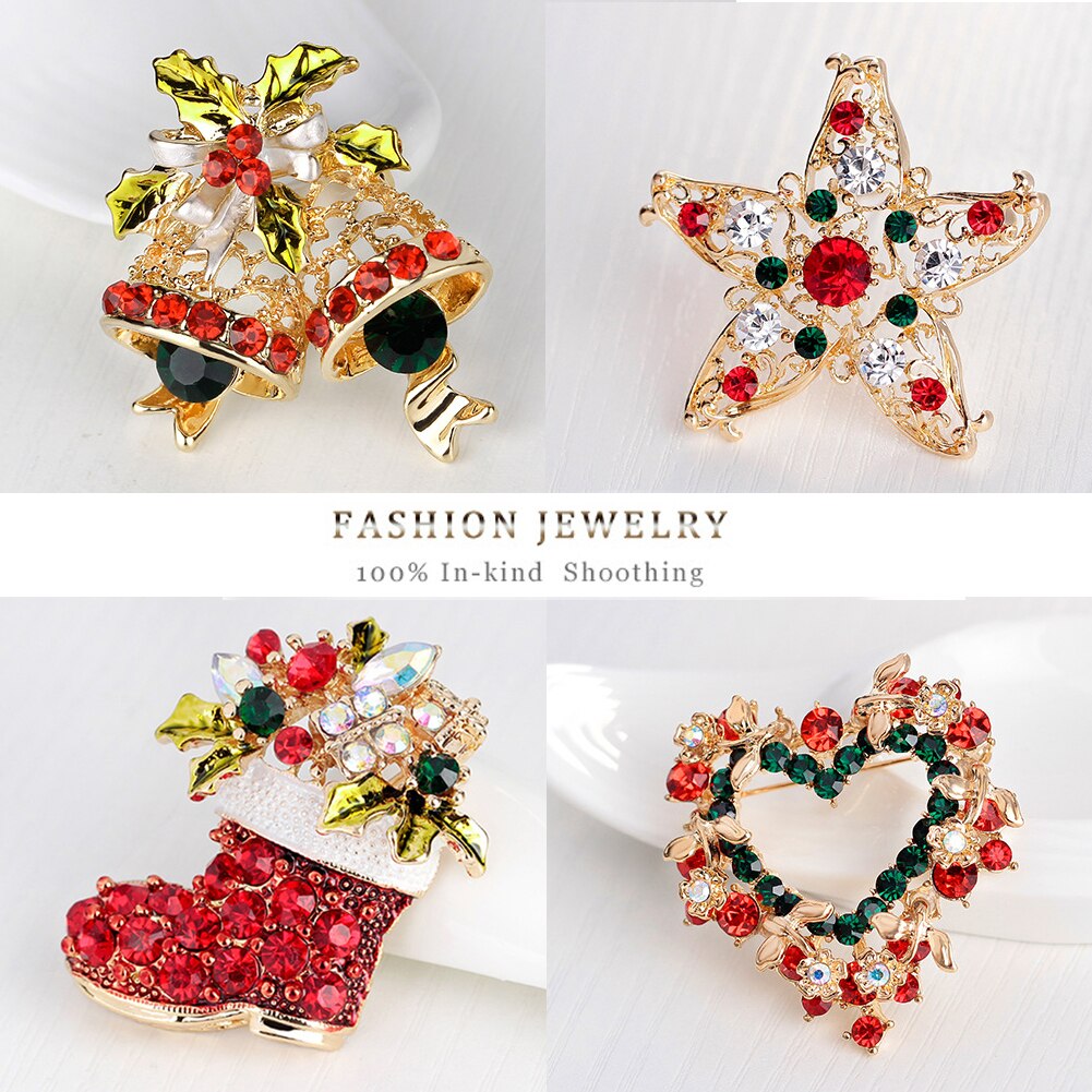 9 pçs do natal de cristal broches kit meninas bonito boneco de neve veados árvore pinguim meias pino emblemas de natal broche pinos moda jóias