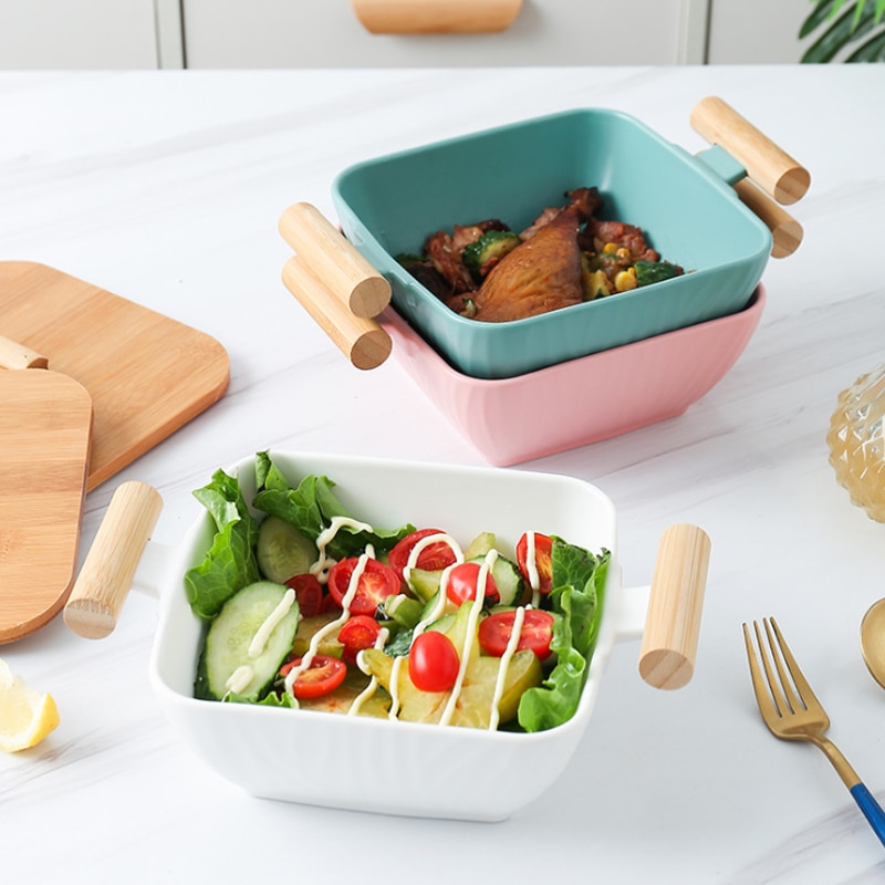 Keramische Vierkante Grote Soepkom Dubbele Oor Handvat Fruit Salade Creatieve Met Deksel Grote Capaciteit Servies Keuken Storage Tool