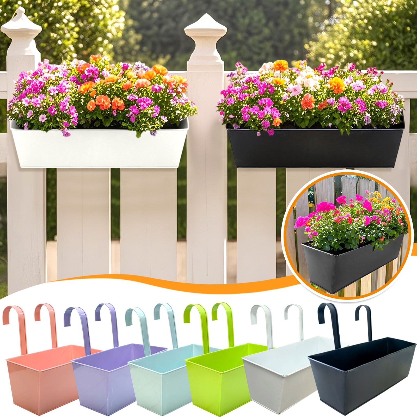 Udendørs planter sort metal jern hængende blomsterpotter terrasser rækværk hegn spande moderne boheme vægmonteret vindueskasse