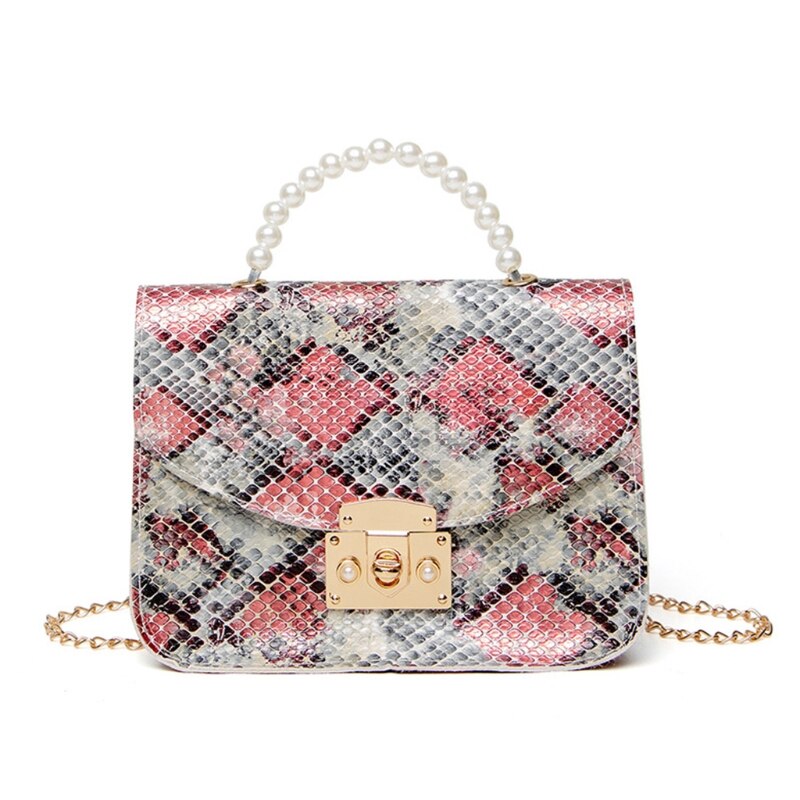 Pu-leder-schultertaschen für damen, schlangenleder-mini-geldbörse, retro-quadrattasche, ketten-umhängetasche, handtaschen mit perlengriff