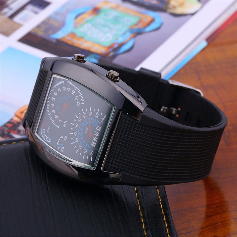 Luchtvaart turbo wijzerplaat flits led horloge heren dames sportwagen meter rubberen band horloges saat