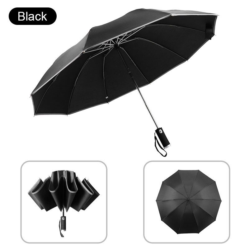 Paraguas con luz LED para el hogar, sombrilla totalmente automática plegable, portátil, a prueba de lluvia, a prueba de viento, ensanchada, resistente y duradera, con ángulo ajustable: Black