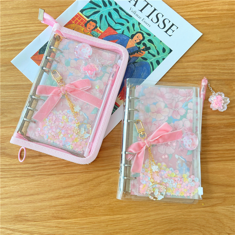 Kawaii Transparent A6 Sakura Zipper Binder Diary Notebook Set Journal Note Book Cherry Blossoms Binder Journals Book Stationery