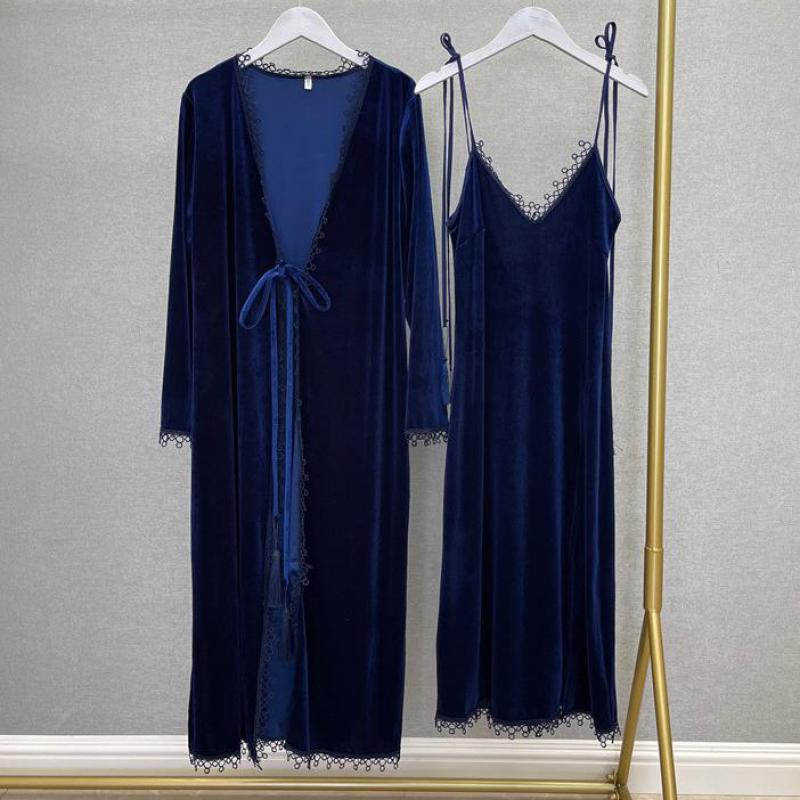 Conjunto de Bata larga de terciopelo para mujer, ropa de dormir suelta, Kimono, bata de baño con cinturón Sexy, lencería íntima para estar en casa, 2 piezas