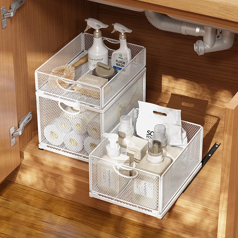 Cajón de almacenamiento de cocina debajo del fregadero, cesta extraíble con riel, ahorro de espacio, botella, tarro, organizador, suministros para el hogar