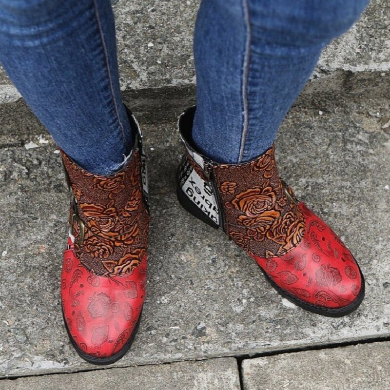 Bottines à imprimé ethnique pour femmes, chaussures Punk Martin à talons bas avec fermeture éclair, plate-forme avec boucle et sangle, collection automne et hiver