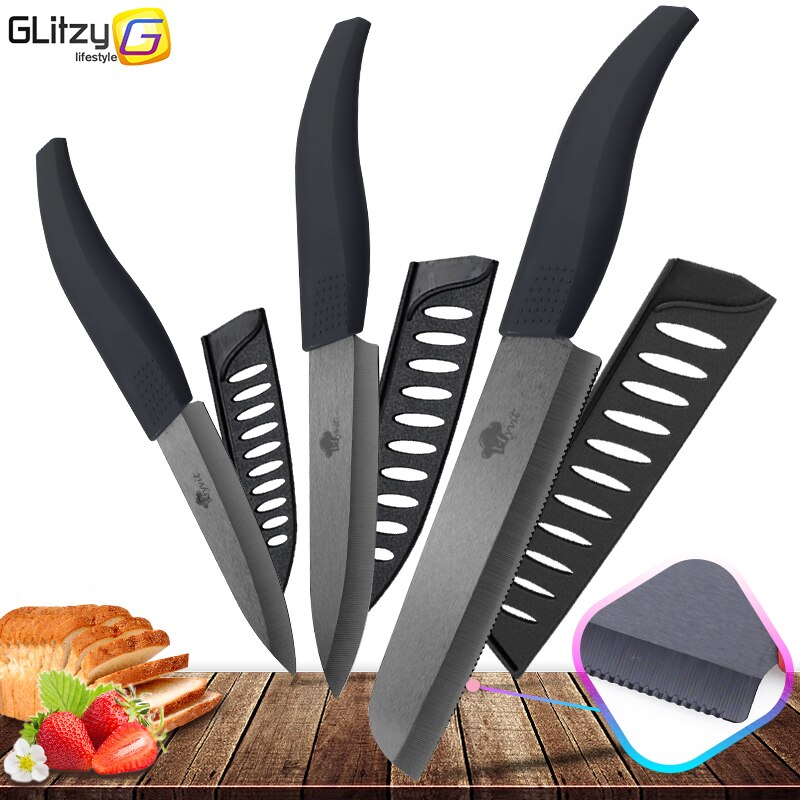 Keramische Mes 4 5 6 inch Zirconia Black Blade Brood gekarteld Mes Snijden Keukenmessen Gereedschap Kleurrijke Handvat Set van 3