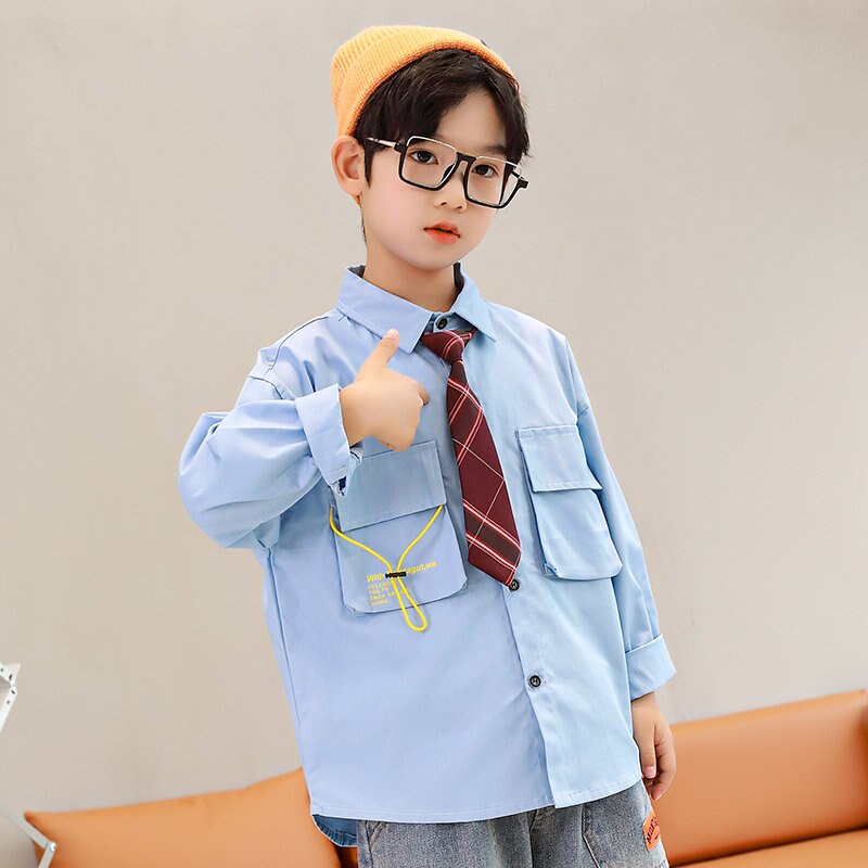 Chemises à la de Style anglais pour enfants, vêtements avec cravate, 100% coton, manches longues, uniforme scolaire pour garçons, offre spéciale