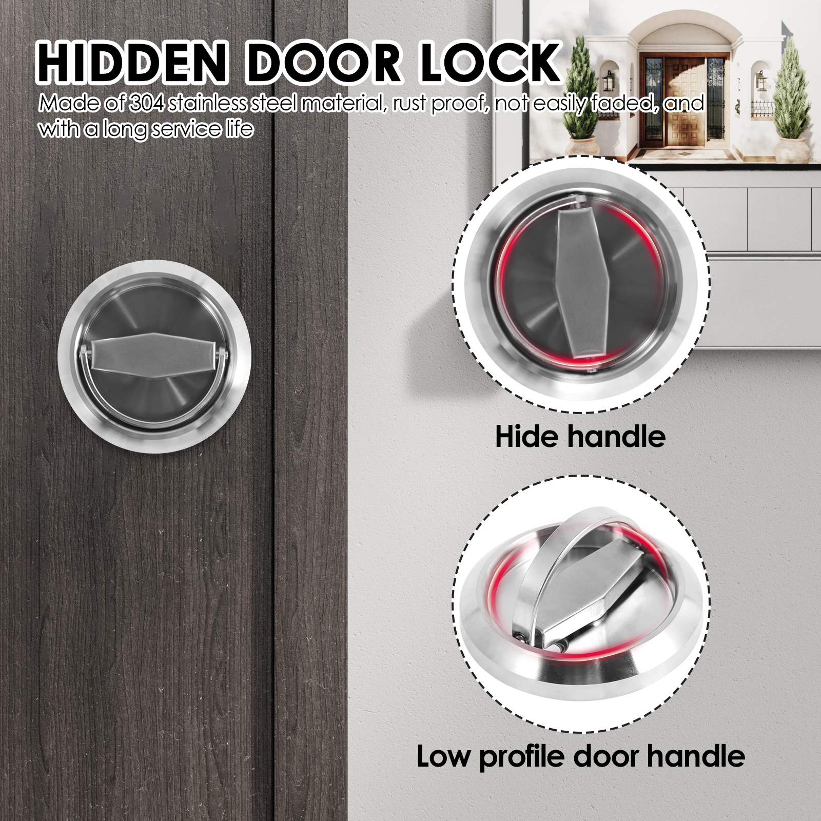 304 Stainless Steel Hidden Door Handle Lock Keyless Recessed Door Lock Single Cylinder Deadbolt Invisible Lock for Furniture