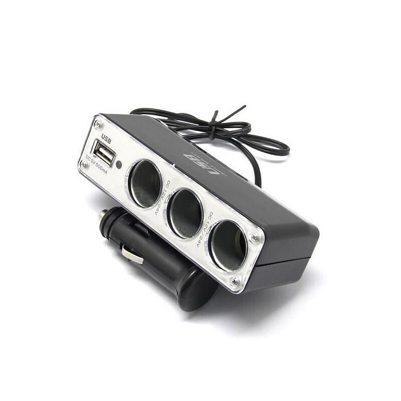 3 Way Multi Socket Auto Car Cigarette Lighter Splitter USB Plug Adapter Charger DC 12V/24V output Triple Adapter With USB Port