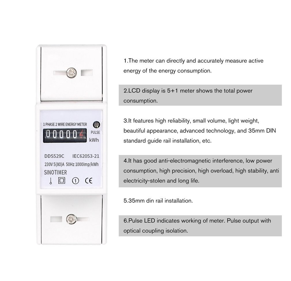 Automatic Single Phase 2 Wire Electric Energy Counter AC 230V 5-80A Analog Watt Measurement Meter 35mm DIN Rail Mounting