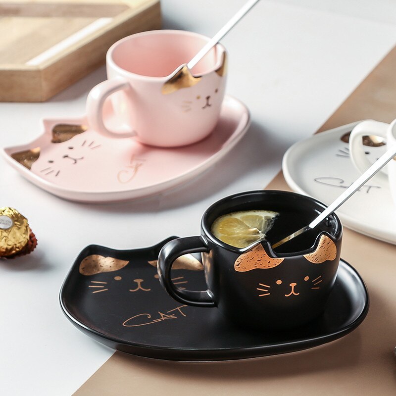 Ceramic Cute Cartoon Cat Coffee Mug Set Animal Breakfast Milk Tea Cup With Dessert Tray Office Drinkware Novelty