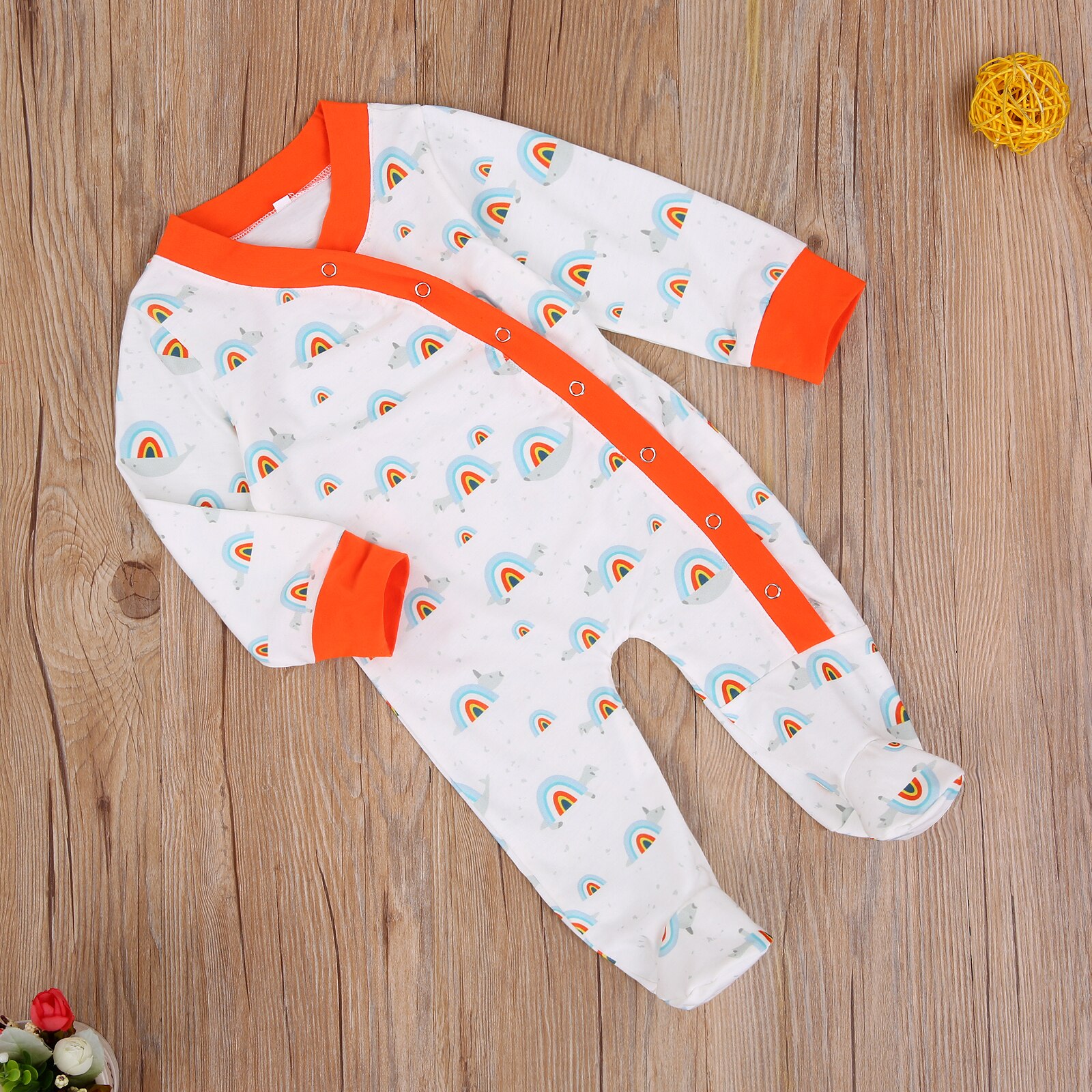 Spring Autumn Newborn Baby Girl Boy Rainbow Footies Infant Loose Long Sleeve Round Neck Footed Cover Jumpsuit Homewear