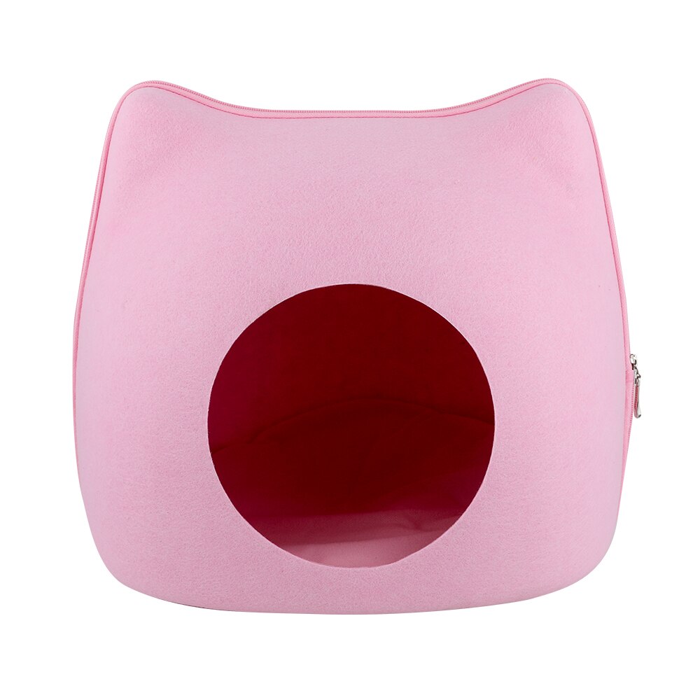 Naturlig filt katteseng hule grå/blå/pink kattehus med pude lynlås kæledyrshus til kat: B - pink
