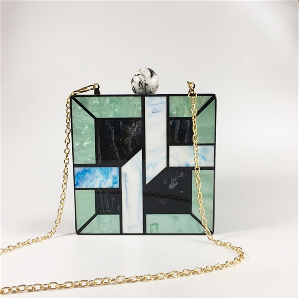 Messenger Bag Vintage Zwart Wit Groen Patchwork Avondtasje Bal Hoofd Sluiting Handtas Party Trendy Acryl Chic Clutch Purse: Default Title