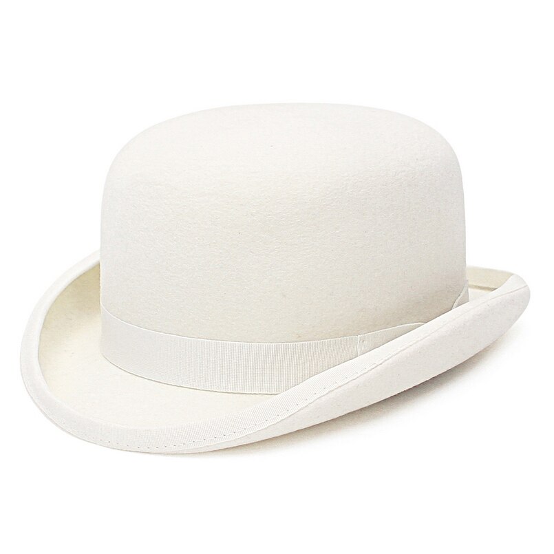 GEMVIE % 100% yün keçe beyaz Derby melon yuvarlak şapka erkekler için/kadın saten kaplı moda parti resmi Fedora kostüm sihirbaz kap: M(57cm)