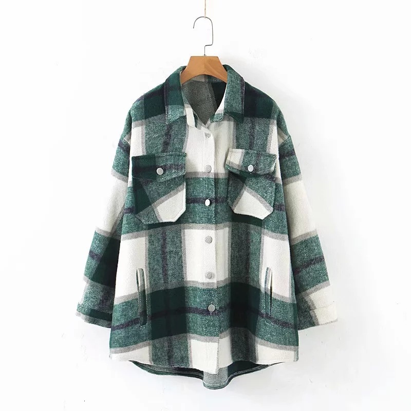 Toppies efterår vinter plaid oversize jakker løs kausal ternet streetwear frakke: Grøn / Xs