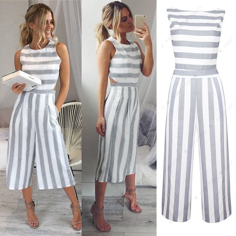 Summer Casual Women Jumpsuits Striped Slim Sleeveless O-Neck Backless Wide Leg Pants Jumpsuits