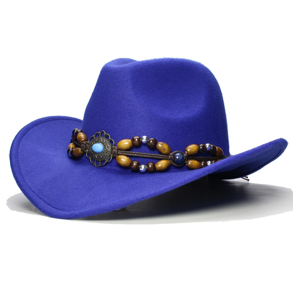 Trança de miçangas de madeira retrô, formal, turquesa, miçanga de madeira, bandunisexlã, aba larga, chapéu de vaqueiro ocidental, boné grande, 61cm: Azul
