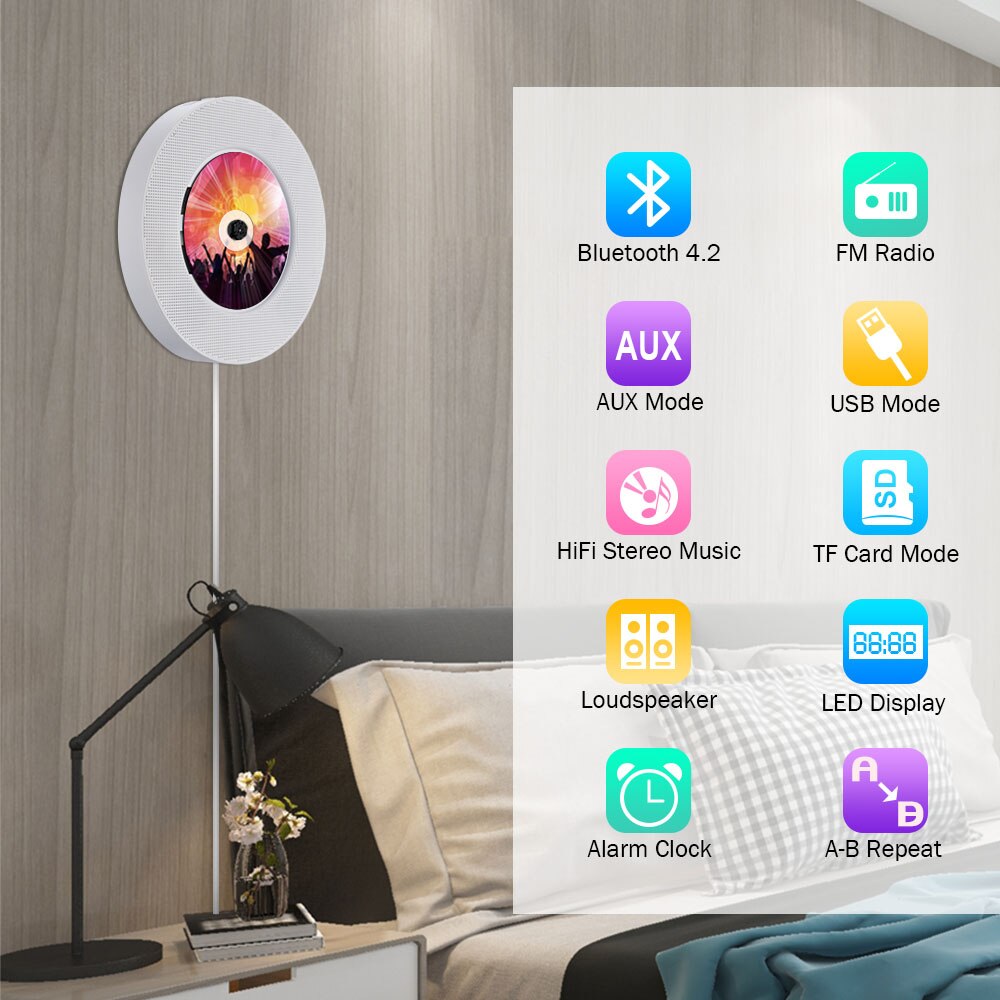 Wall Mounted Cd-speler Met Bluetooth Afstandsbediening Usb Drive Led Display Hifi Luidspreker Draagbare Home Discman Audio Fm Radio